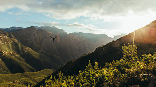 Quad copter drone flying over Jonkershoek nature reserve