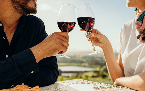 Close up of a couple toasting wine