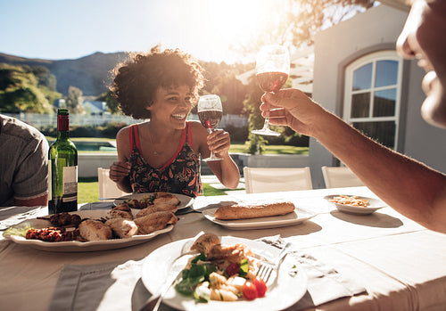 Smiling young woman toasting wine with friend