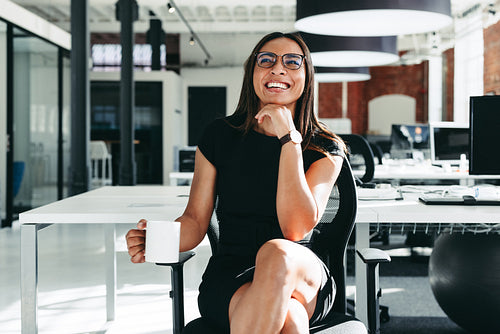 Happy businesswoman feeling cheerful in a modern office