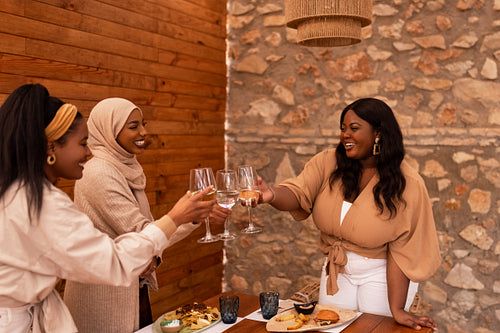 Cheerful friends toasting with drinking glasses in a restaurant