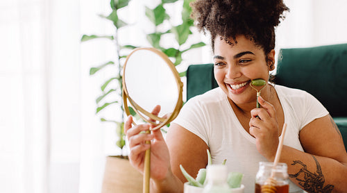 Healthy woman doing self care routine