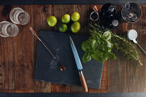 Ingredients for making cold and fresh cocktail