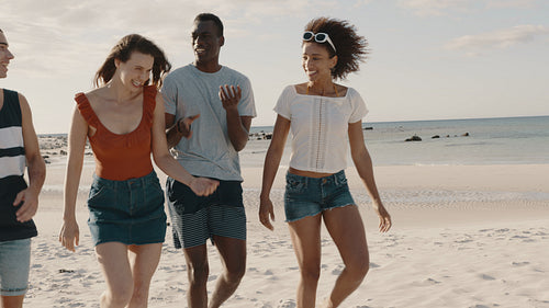 Diverse group of friends walking along the beach