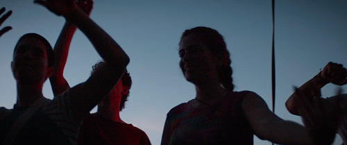 A group of young people dancing and having fun at a nighttime concert