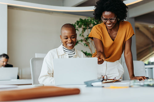 Two businesswomen collaborating on laptop in office