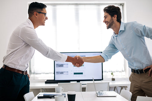 Business partners shaking hands in office