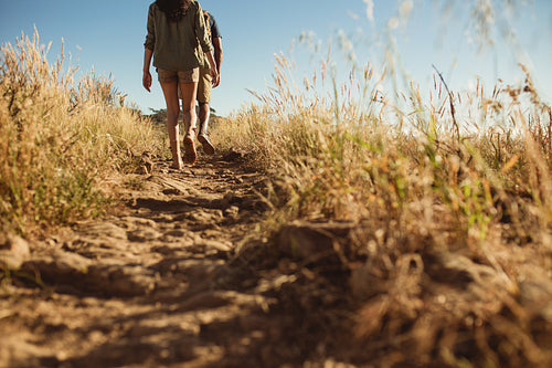 Hikers walking up a rocky path