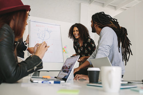 Business partners discussing work in the board room