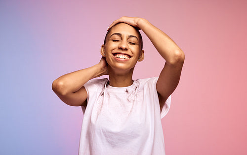 Happy woman with bald shaved hair