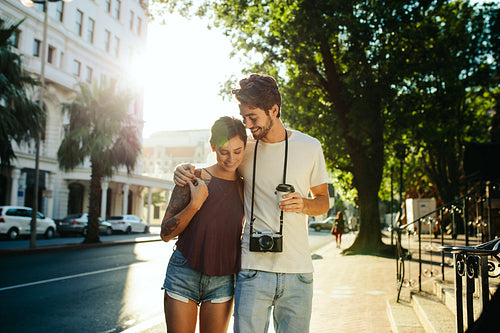 Tourist couple in romantic mood outdoors