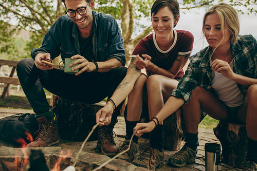 Friends toasting food on bonfire in the countryside