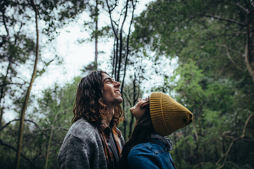 Loving couple looking up and smiling in forest