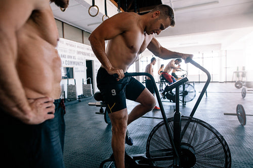 Indoor cycling during a gym training class