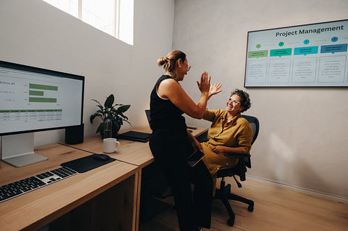 Happy female colleagues sharing a high five in an office setting