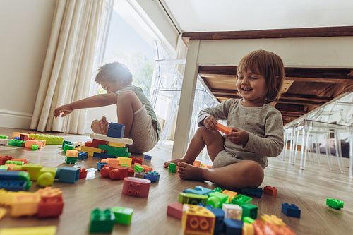 Siblings playing with toys at home