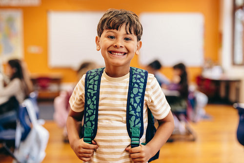 Lifestyle of learning: Elementary school child excited for first day of class