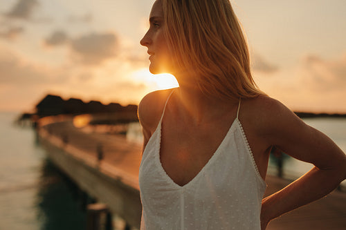 Portrait of a tourist woman at a beach resort