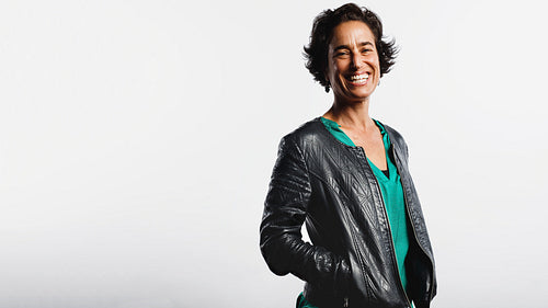 Portrait of smiling woman in a jacket