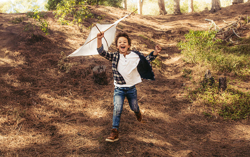 Excited boy playing with a kite in forest