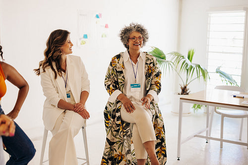 Cheerful businesswomen having a conference meeting in an office