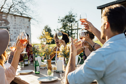 Friends toasting drinks at a garden restaurant