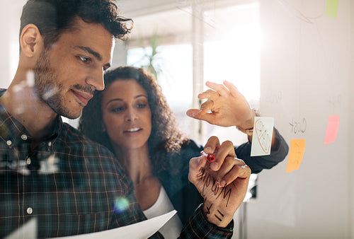 Business colleagues discussing business plans on a glass wall in office