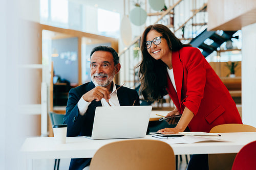 Two senior managers planning together at an office during a business meeting