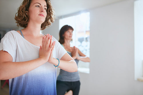 Women doing yoga  - Vrikshasana with namaste gesture