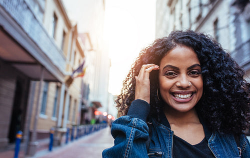 Closeup of a woman walking in city