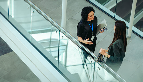 Top view of colleagues discussing business in modern office