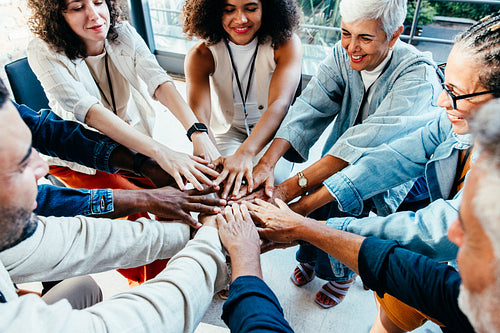 Team unity in the workplace with diverse business colleagues collaborating in the office