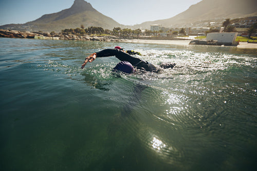 Athletes in the swim event of a triathlon competition
