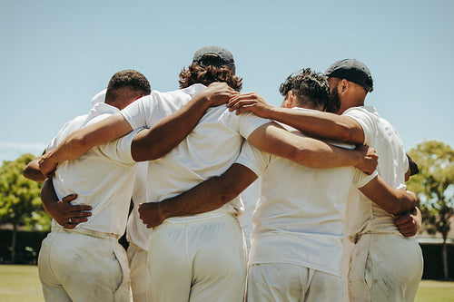 Team of cricket players embracing on a sunny field