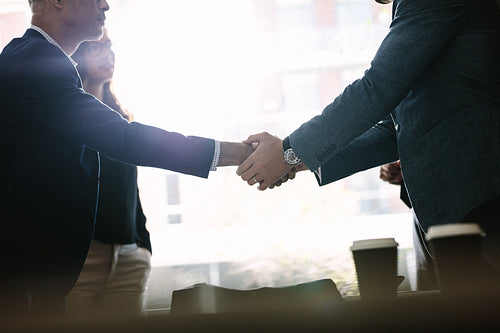 Business people finishing up a meeting with handshake