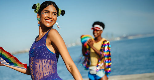 Carnival dancers at a sunny beach celebration