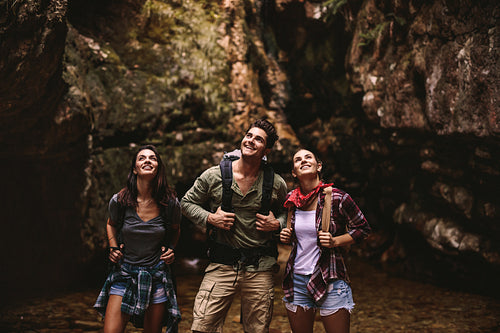 Three friends on a hiking trip