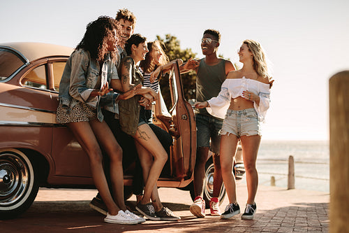 Friends having fun outdoors on road trip