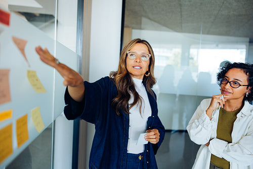 Two women discuss sticky notes in office