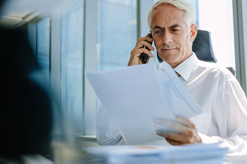 Businessman with a document and talking on phone