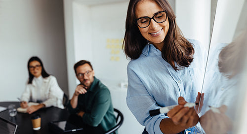 Business woman writing on a board during a presentation