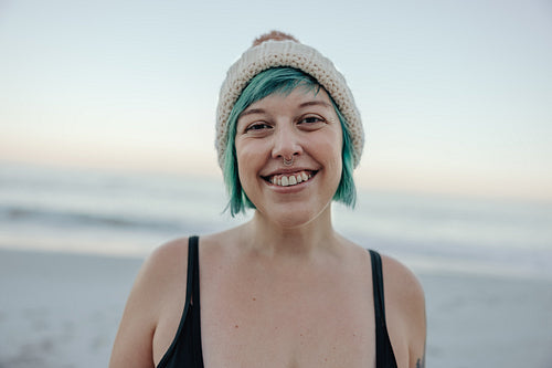 Happy winter bather smiling at the camera