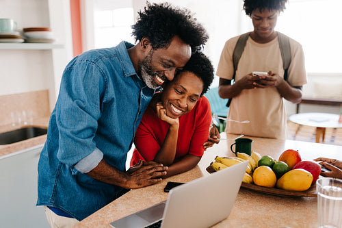 Happy family's morning routine: Connecting and smiling through video call