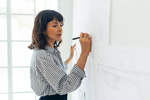 Close up of woman architect making architecture designs