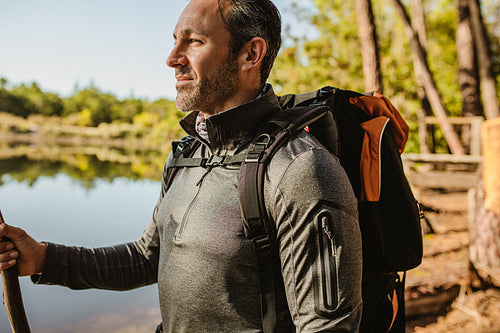 Mature man on camping trip