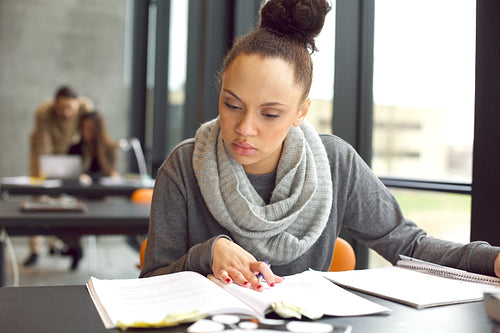 Female student studying in a library