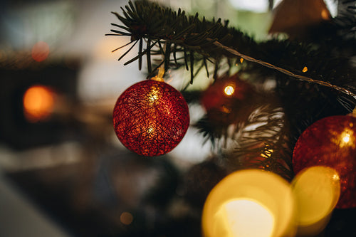 Ornaments hanging on a christmas tree