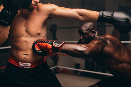 Nimble black athlete striking his challenger in a fight