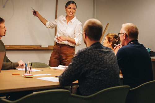 Businesswoman giving presentation on whiteboard to team