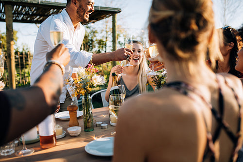 Group of friends toasting drinks at a party